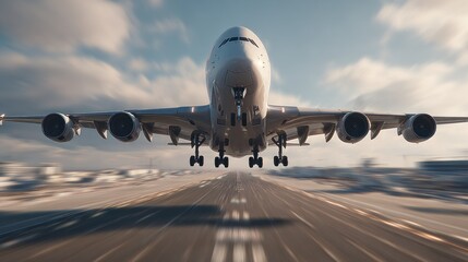 A large passenger airplane taking off at high speed on a blurred airport runway under a cloudy sky