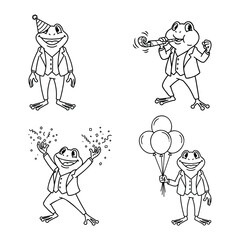 A character pose set of a frog at a party. The dapper cartoon mascot is shown celebrating with a party hat, balloons, and confetti. A fun vector collection.