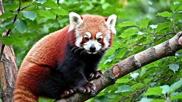 Adorable red panda perches on a mossy tree branch surrounded by lush green foliage, capturing a moment of serene wildlife in its natural habitat.