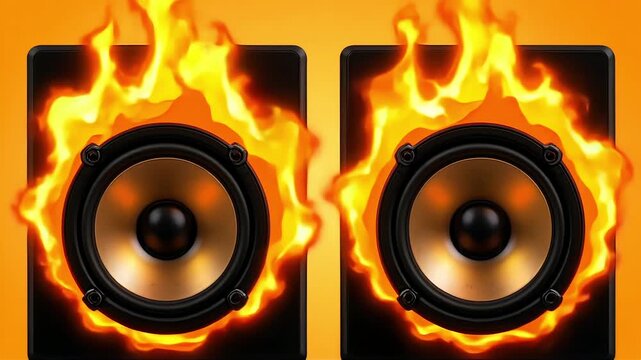 Dynamic speakers ablaze with intense fire, radiating powerful sound and electrifying energy for music events or promotions