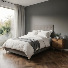 A modern bedroom is shown with a bed covered in white bedding and a gray throw. A wooden nightstand sits next to the bed, and a large window and gray wall complete the scene.