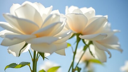 Fototapeta premium Close-up of delicate white roses against a clear blue sky, bathed in natural sunlight with soft focus.