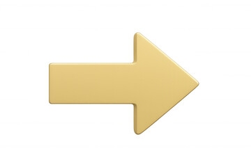 Golden 3d arrow pointing rightward, gleaming against transparent backdrop, signaling direction with sleek metallic design