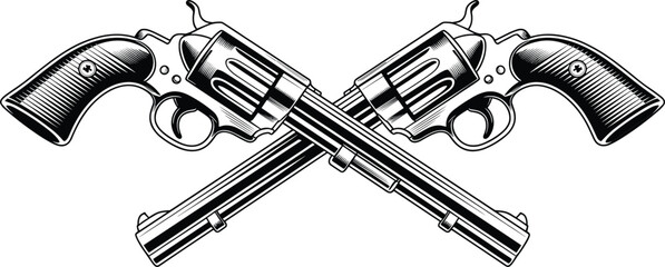 Crossed revolvers illustration, vintage cowboy pistols drawing, wild west weapon engraving, antique firearm sketch art, classic handgun vector detailed design