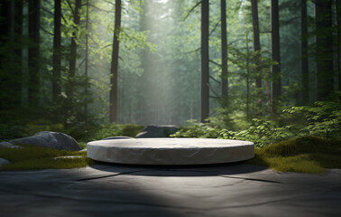 Mysterious stone platform illuminated by sunlight in a tranquil forest clearing during the daytime