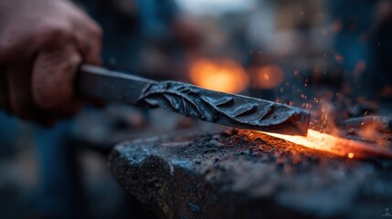 A close-up of a hand forging a metal piece in a workshop. Sparks fly as the heated metal is shaped on an anvil. The scene captures the art of blacksmithing.