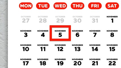 Close-up of the date November 5th marked with a red cursor on the wall calendar 2025