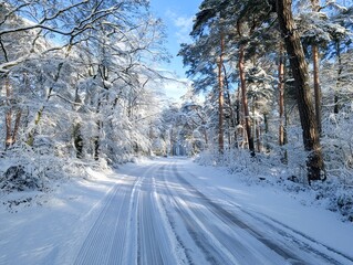 Obraz premium 雪に覆われた冬の森の道と青空が広がる静かな風景