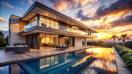 Modern luxury home with an infinity pool reflecting golden hour sky