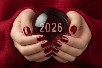 female hands with bright red manicure holding crystal ball with numbers 2026
