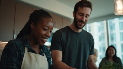 A young African woman with braided hair and a young Caucasian man are cooking together in a modern kitchen. They are smiling and engaged in food preparation.