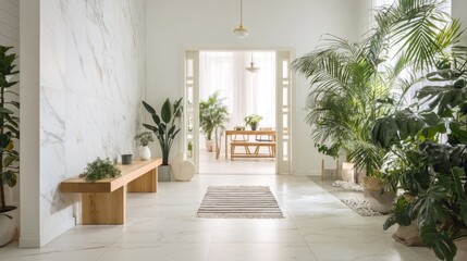 Contemporary interior with minimalist hallway and coat rack, stylish living room and dining table visible, lush plants providing freshness