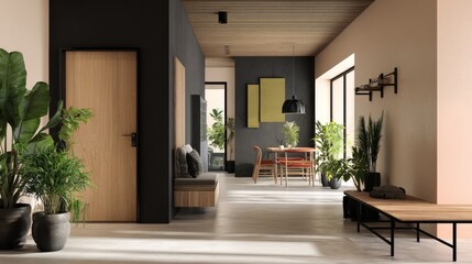 Contemporary interior with minimalist hallway and coat rack, stylish living room and dining table visible, lush plants providing freshness