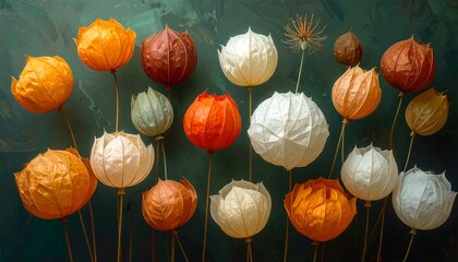 A still life arrangement showcasing dried, papery flowers in a spectrum of autumnal colors against a textured dark teal background.