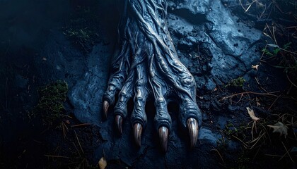 Mysterious Creature Hand with Sharp Claws on Dark Earth Aesthetic Background