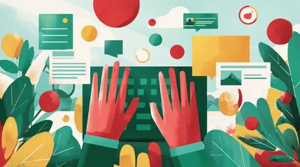 Hands typing on a keyboard surrounded by colorful graphic elements