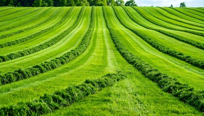 Green field, striped hay bales