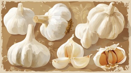 Various garlic heads, some opened, on a textured background