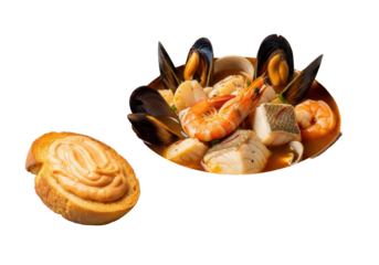 Steaming French bouillabaisse with saffron broth, seafood, rouille-topped crouton in rustic bowl on transparent background, soft studio lighting, traditional French cuisine