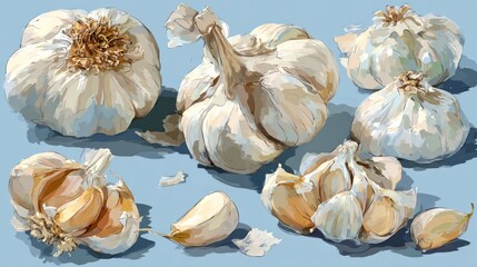 Garlic bulbs, various stages, light blue backdrop