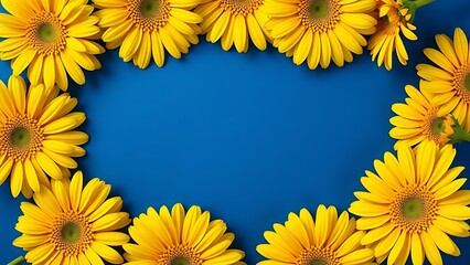 Vibrant yellow gerbera flowers arranged in a circular pattern against a deep blue background, symbolizing joy and energy.