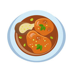 Isometric illustration of meat dish with sauce on plate