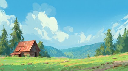 Rustic wooden barn on a sun-drenched meadow, with distant mountains and pine trees