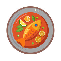 Delicious fish dish with citrus fruits served on plate