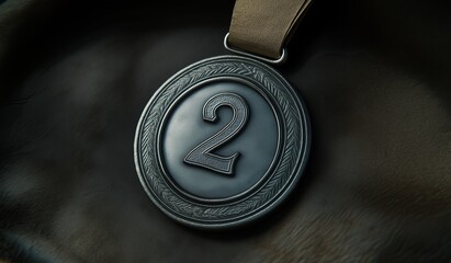 Silver medal with number two engraved lying flat neatly placed on dark leather material symbolizing second place achievement award or competition recognition concept