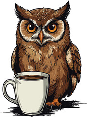 Funny Cartoon Owl Sauna T-Shirt Illustration, funny cartoon owl relaxing in a hot sauna tub with steam rising, towel wrapped on head, holding juice glass, humorous comic line art, vintage t-shirt