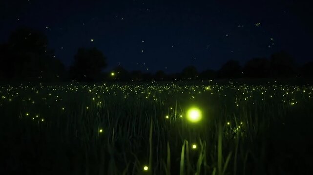 Magical meadow aglow with countless fireflies on a warm summer night