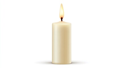 Single, cream-colored cylindrical candle, lit flame