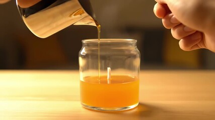 In a warm and inviting atmosphere, a person pours bright yellow wax into a glass jar, preparing to create a stunning candle for relaxation or decoration. The soft glow enhances the tranquil moment.