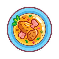 Colorful Cartoon Illustration of Chicken Stew in Blue Bowl
