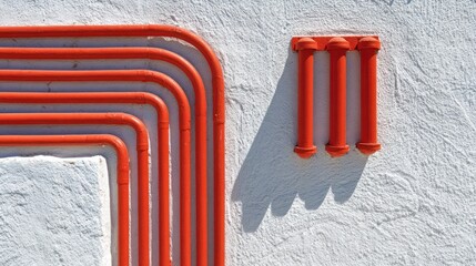 Red pipes curve against a white wall