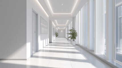Obraz premium Bright white corridor with modern minimalistic style and natural light 