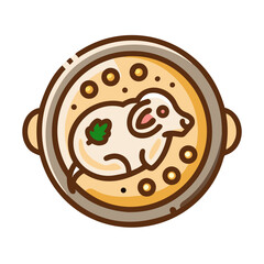 Illustration of a lamb dish in a brown bowl