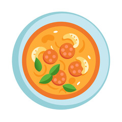 Tomato soup with pepperoni and basil illustration, top view