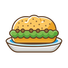 Stylized cartoon burger on plate with black background