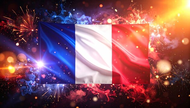 Celebratory French flag with firework bursts creates a stunning vivid background