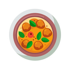 Bowl of delicious meatballs with sauce and basil leaves