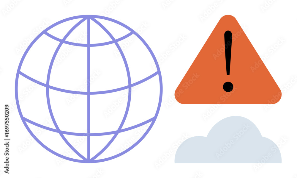 Poster globe with grid lines, triangular alert sign with exclamation mark, and cloud. ideal for safety, env