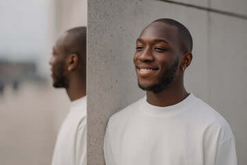 man wearing tshirt stands calmly against concrete wall exuding relaxed yet cheerful demeanor