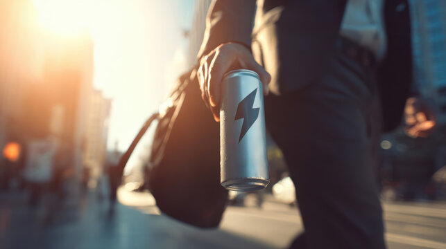 Corporate professional walking in the city with an energy drink can during morning commute