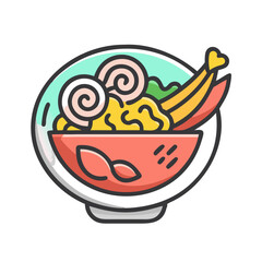 Stylized noodle bowl icon featuring meat and vegetable toppings
