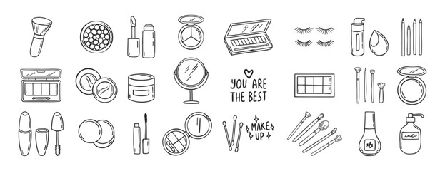 Naklejka premium make up beauty doodle hand drawn icon set. Outline drawing cosmetics line clipart symbol