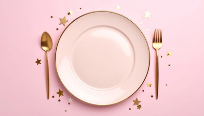 Elegant Celebration Table Setting with Plate, Golden Cutlery and Star Confetti