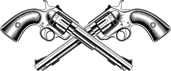 Vintage crossed revolvers illustration, western cowboy guns drawing, antique firearm engraving, wild west pistol art, classic weapon sketch design
