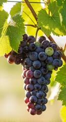 Bunch of ripe grapes hanging on vine surrounded by green leaves  