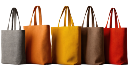 Four tote bags in a row, various colors